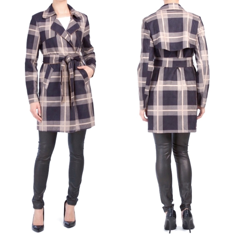 🧥SOLITAIRE Plaid Faux Suede Trench Coat